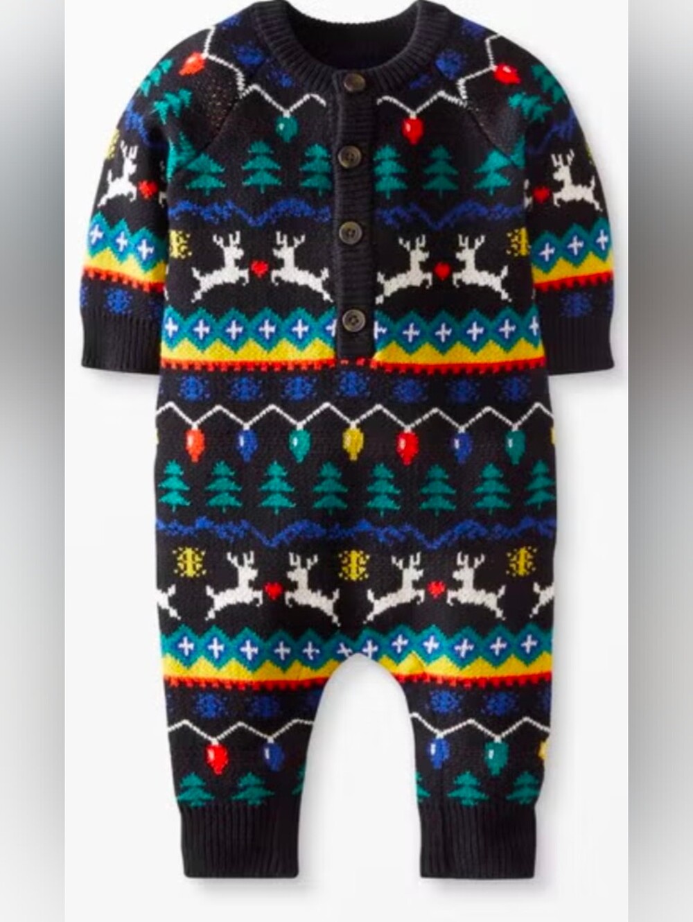 Hanna Andersson Rainbow Knit Reindeer Baby Holiday Romper In Combed Cotton